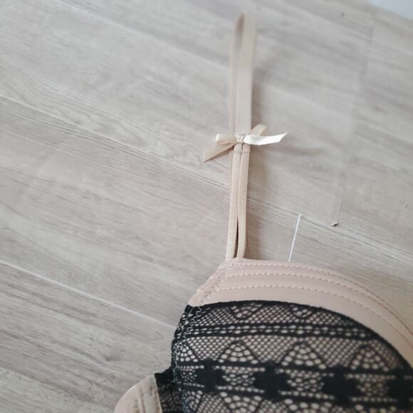 Jezebel B5030 Padded Push Up Bra 34B Nude Black Stitch Bows - Picture 6 of 13